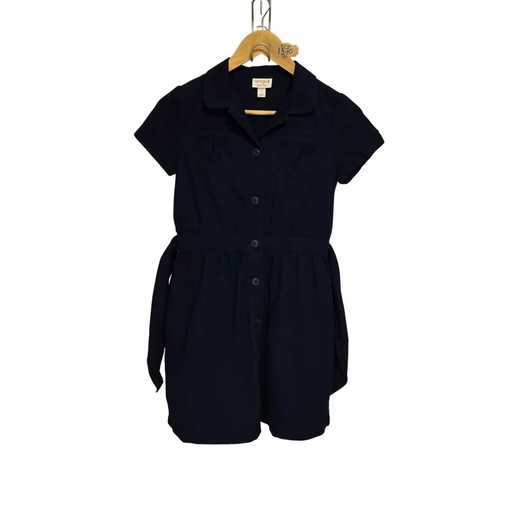 Cat & Jack Girls Navy Blue School Uniform Short Sleeve Button Front Dress SZ 12